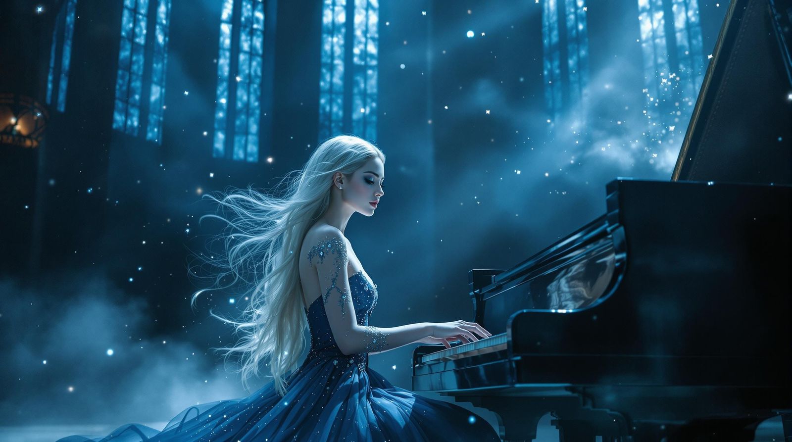 Silver Haired Woman Playing Piano in Moonlight