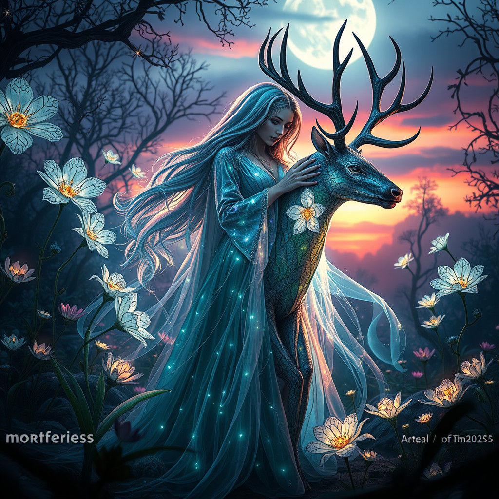 Enchanting Witch and Stag in Mystical Garden