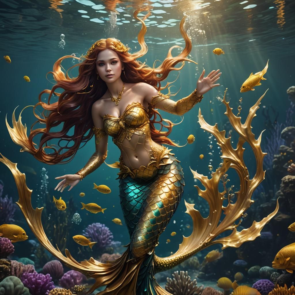 Realistic Golden Mermaid Under the Sea