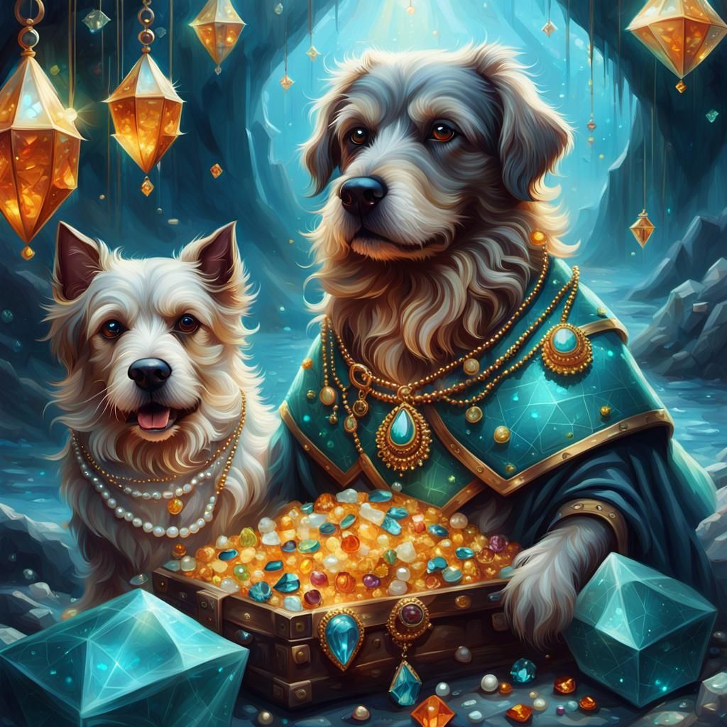 Dog Guarding Gems: Fantasy Oil Painting