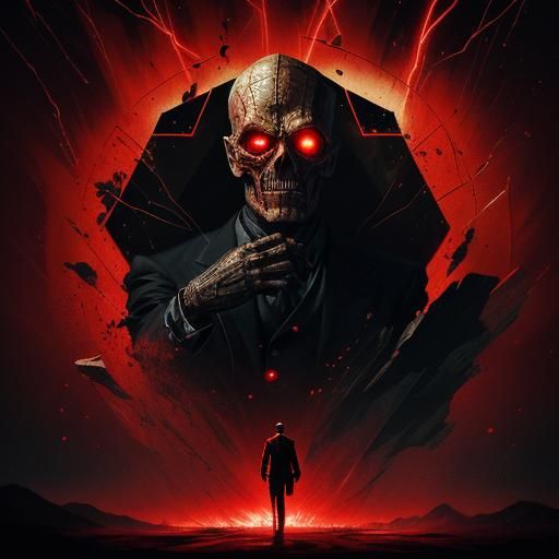 Mummified Figure in Mirrored Landscape with Red Accents