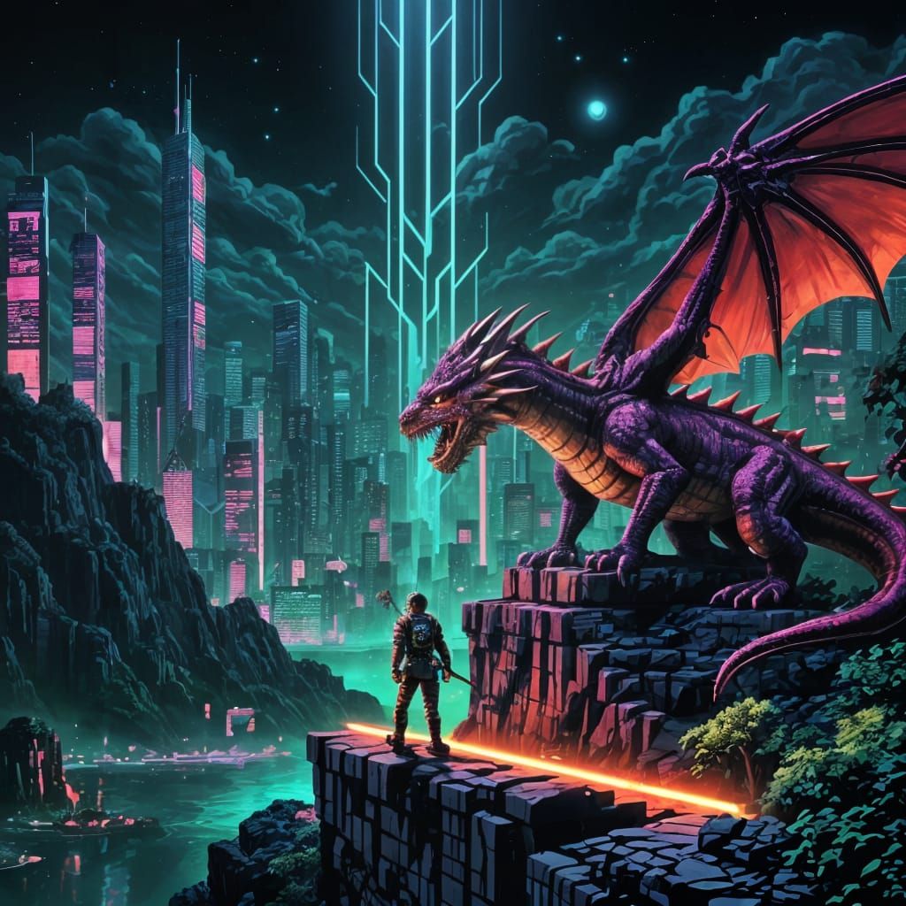Heroic Pixel Adventurer vs Neon Dragon: 1980s Video Game Art