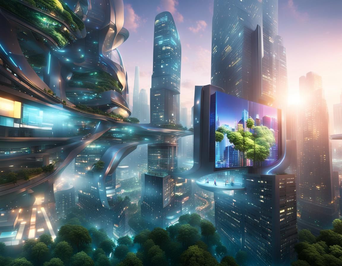 Futuristic Cityscape with Holographic Displays in Fantasy St...