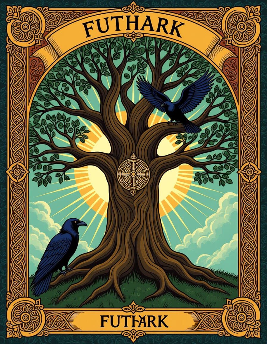 Yggdrasil with Runic Wheel and Ravens, Norse Style