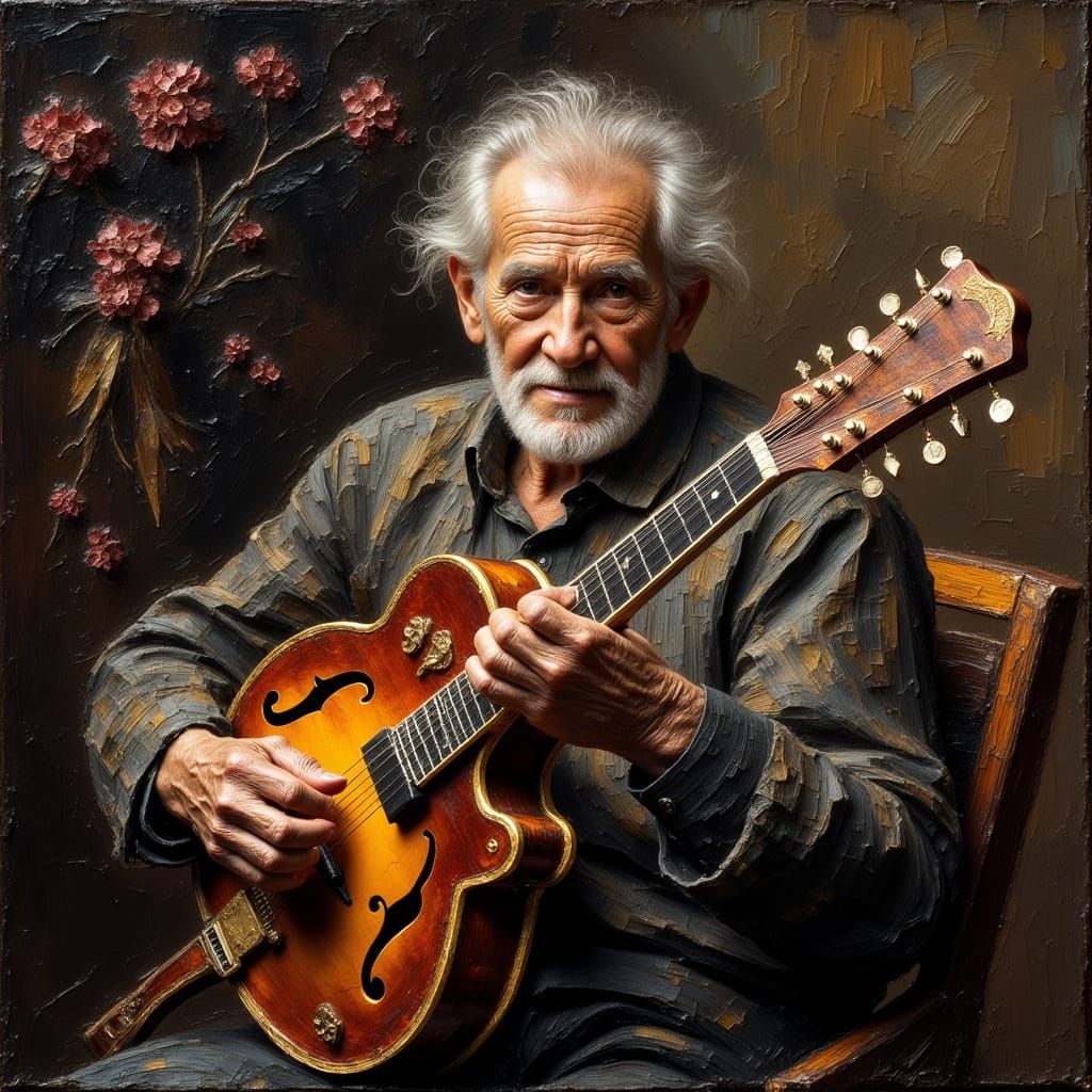 Old Man Playing Mandolin in 19th Century Oil Painting Style