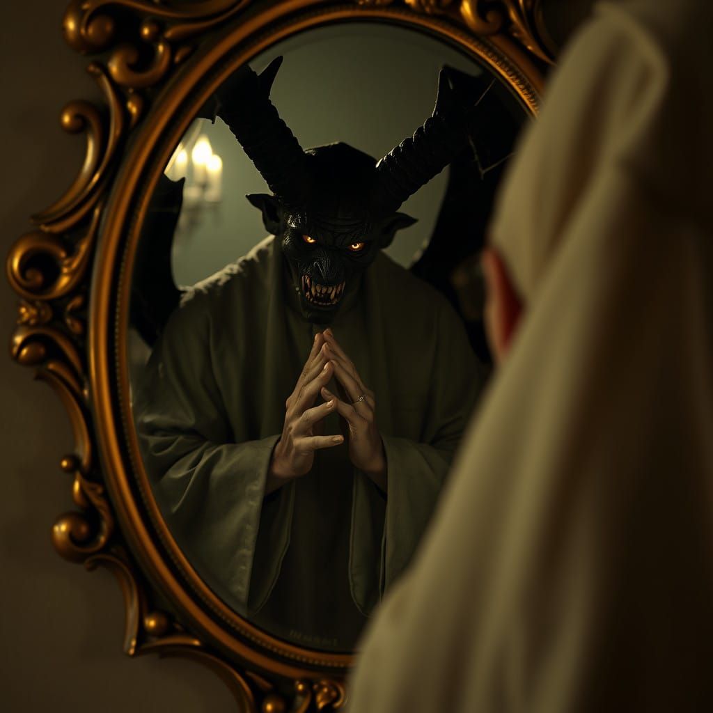 Surreal Horror Mirror with Terrified Priest and Dark Demon