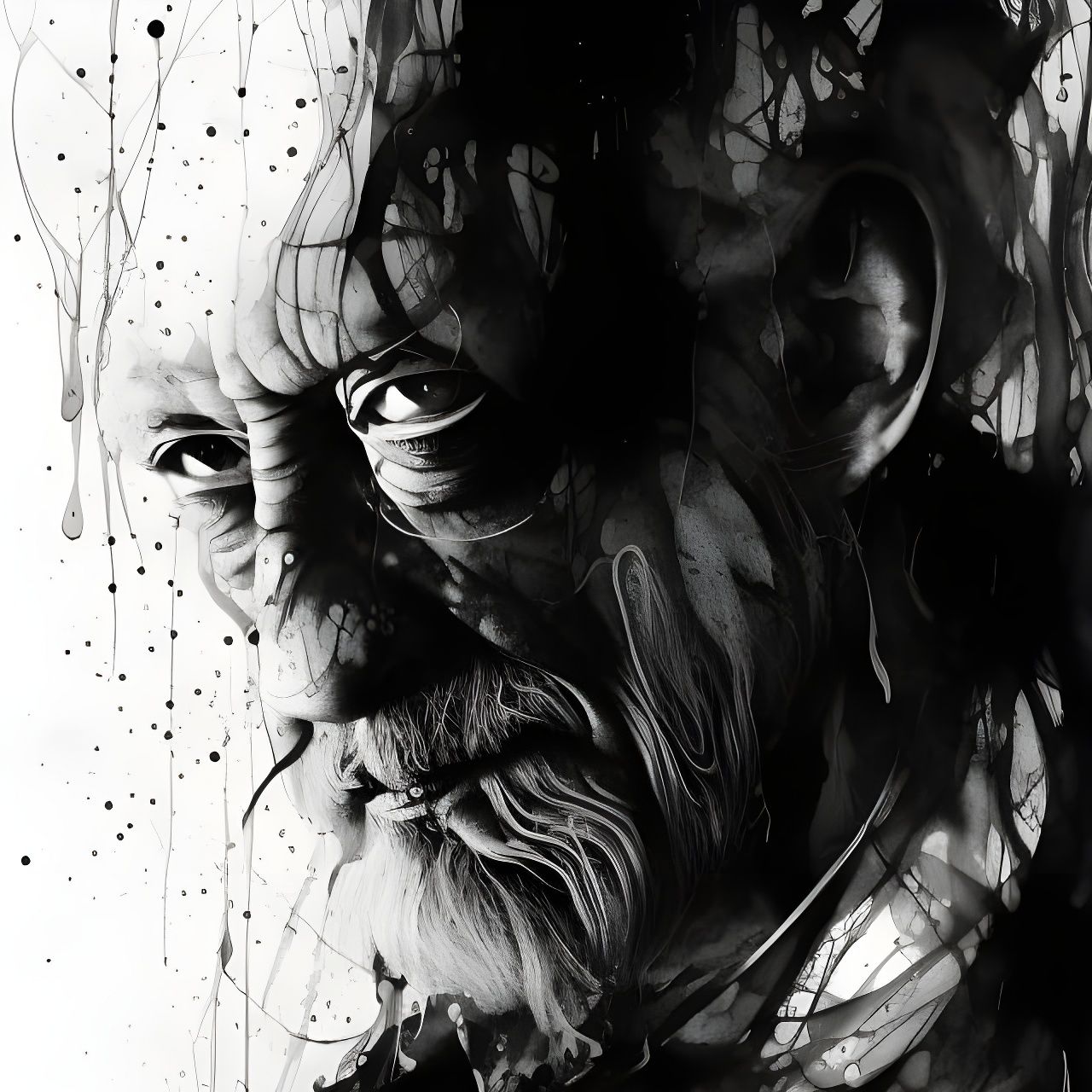 Striking Portrait of an Old Man in Ink