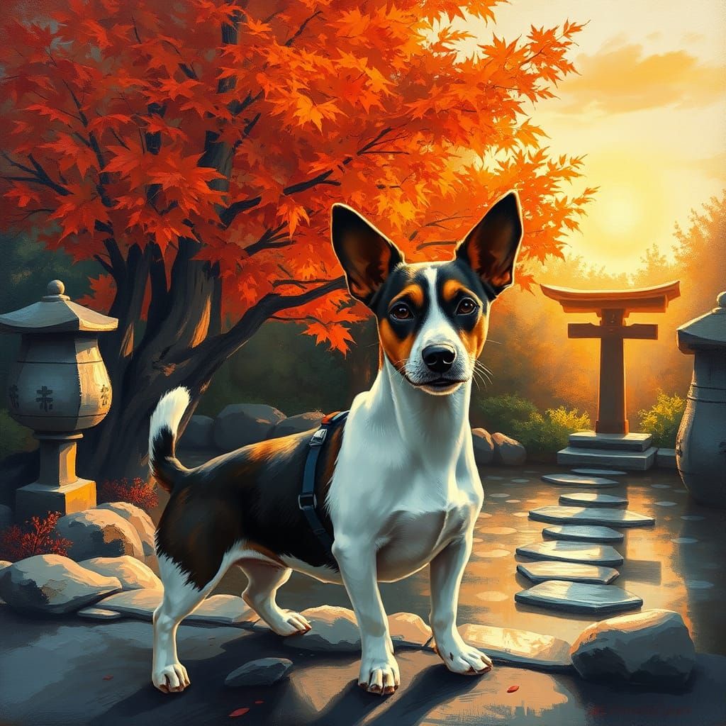 A jack russell terrier at sunset in Japan