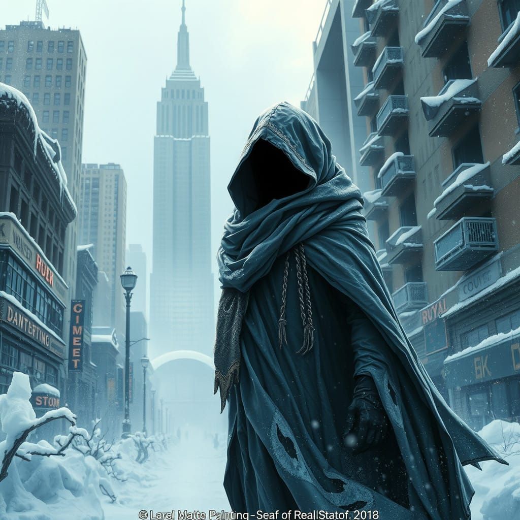 Cyberpunk Figure Walks Through Winter Ruins in Frosty Citysc...