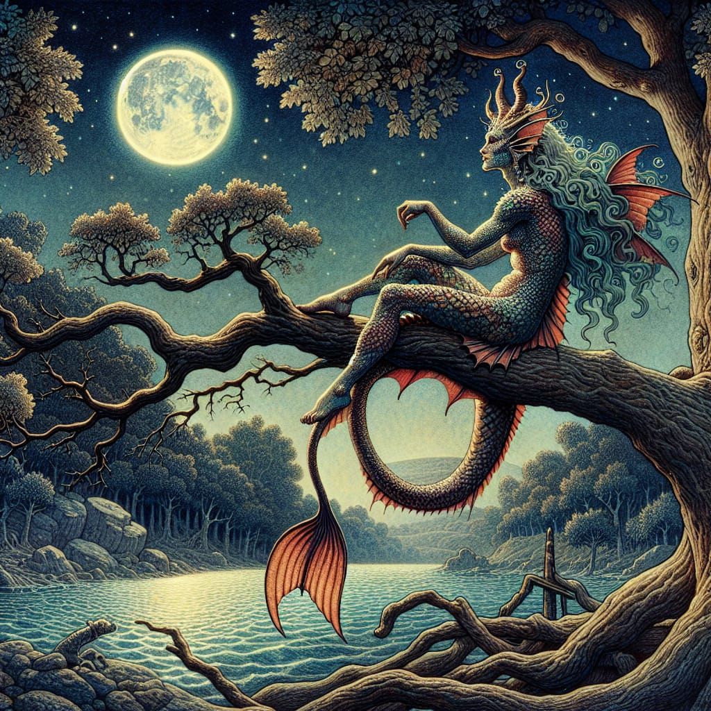 Demon Mermaid in Mystical Moonlit Scene