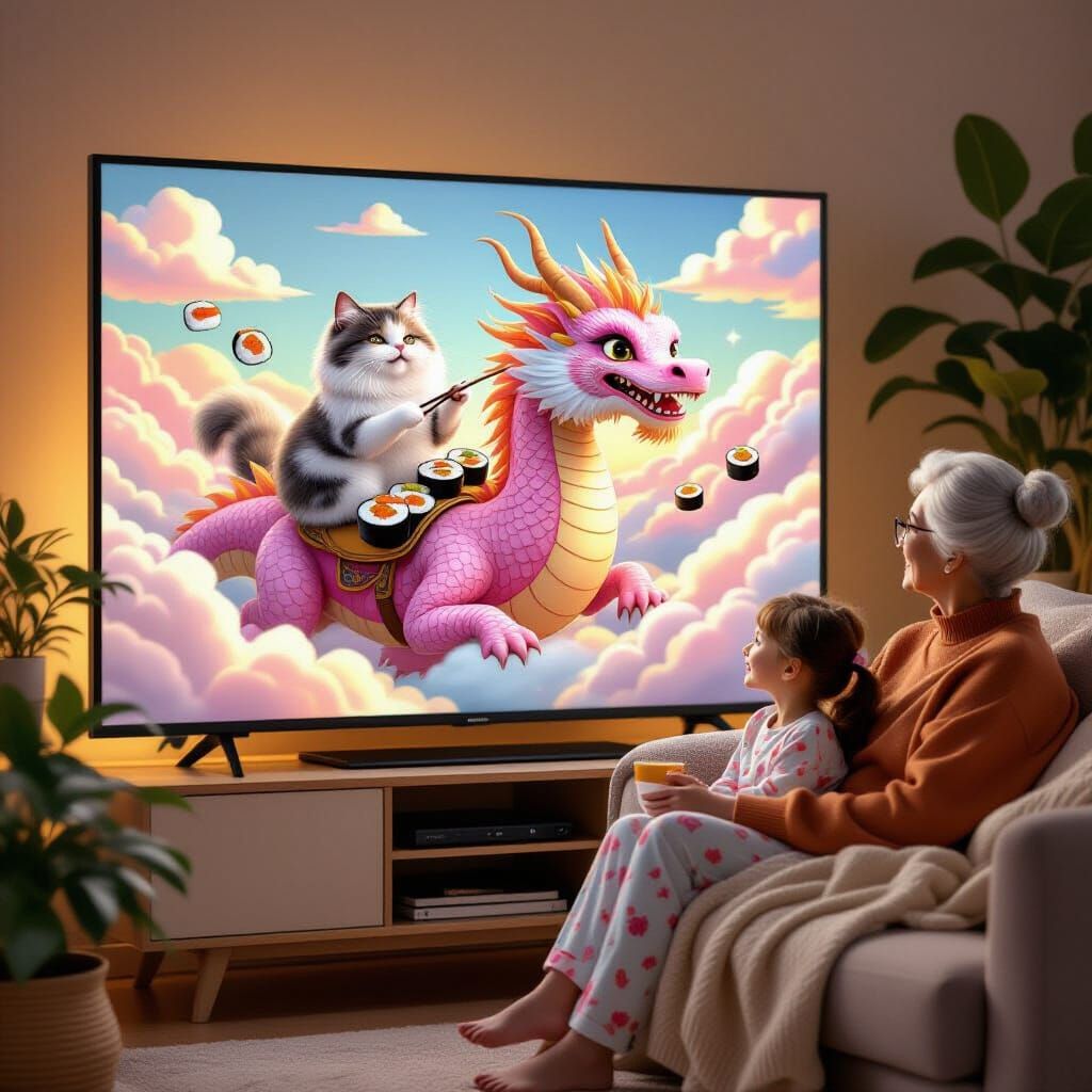 Whimsical Fantasy Cat Riding Dragon on TV