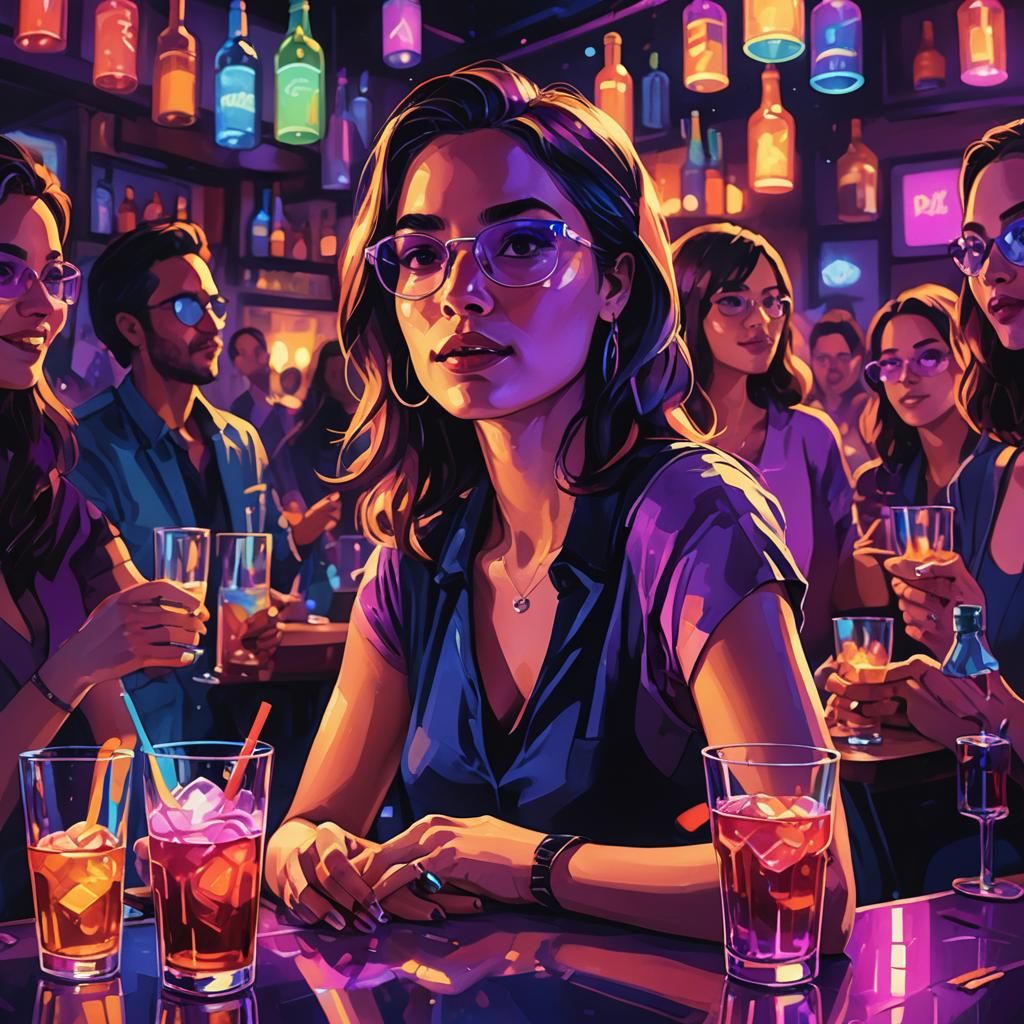 Vibrant Nightlife Illustration: Woman at Party