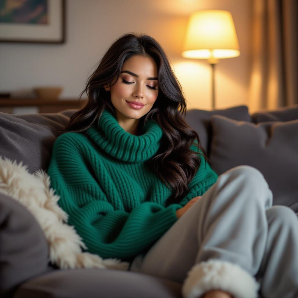 Woman Relaxing on Sofa in Chunky Sweater