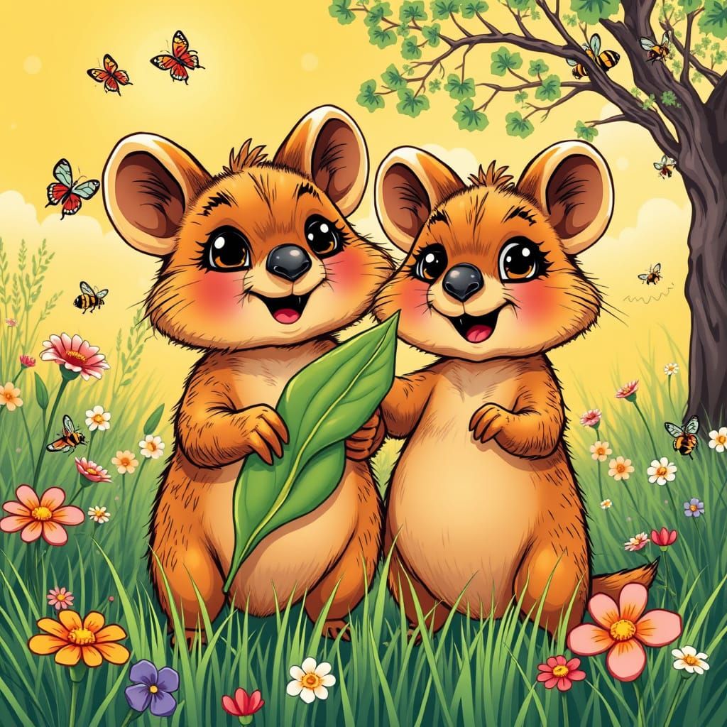 Whimsical Quokka Couple in a Sun-Drenched Meadow