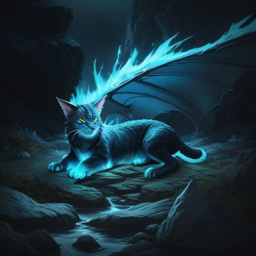 Dragon Cat Rests on Rocks in 3D Anime Style