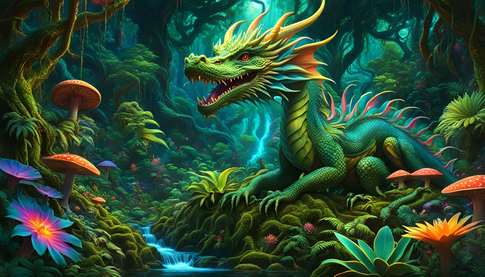 Psychedelic Jungle Dragon Guardian in High Fantasy Style