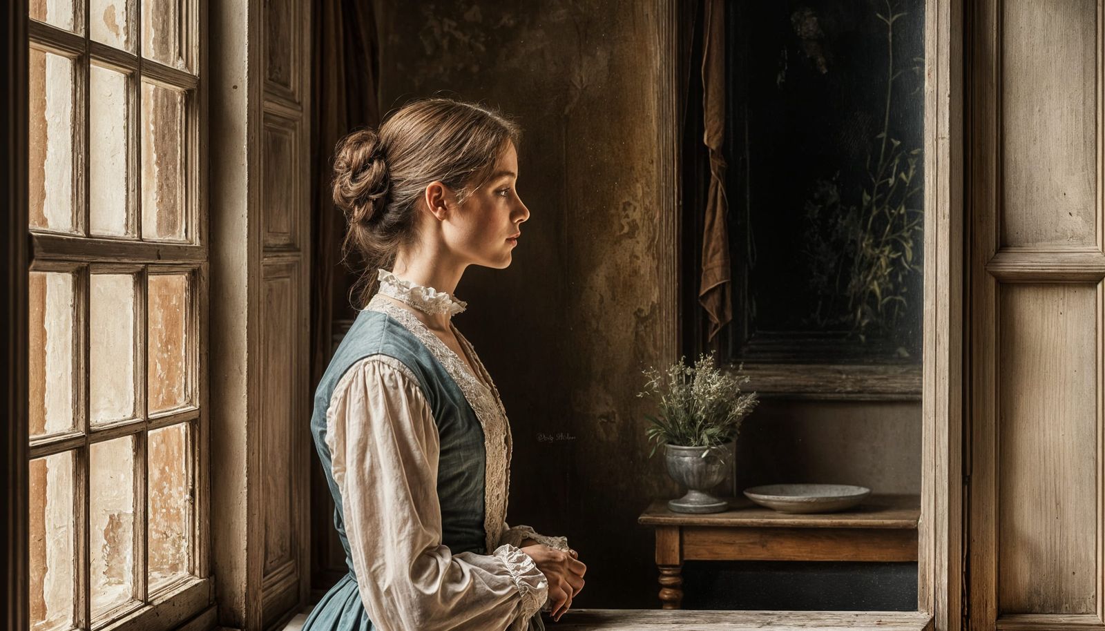 Woman Gazing Out Window in Early 20th-Century Style