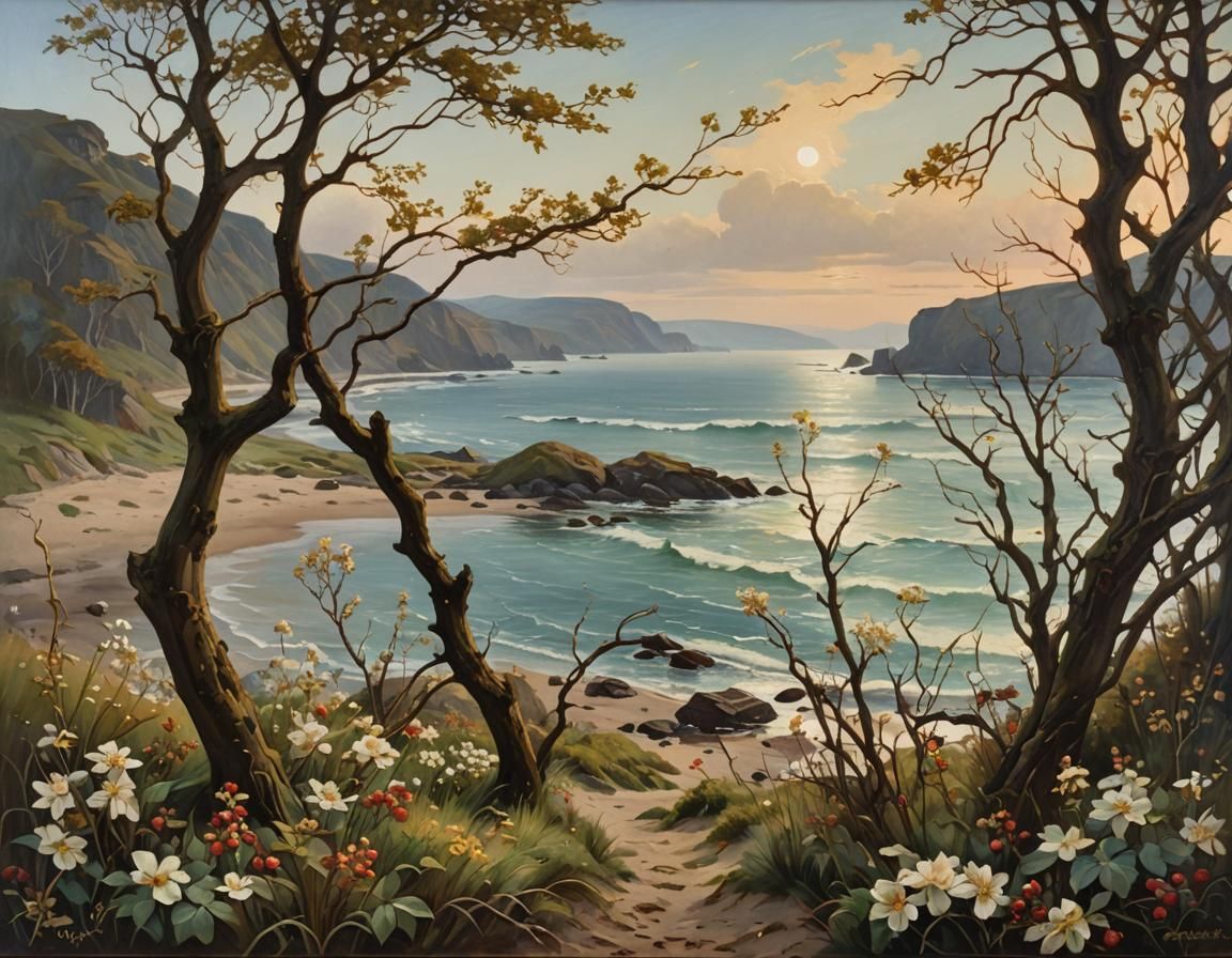 Vintage Shoreline Oil Painting in Jugendstil Style