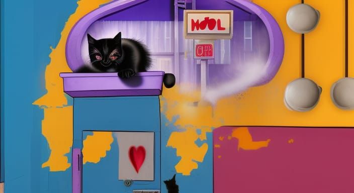 Creepy Motel with Kitten: Hyperrealistic Splash Art