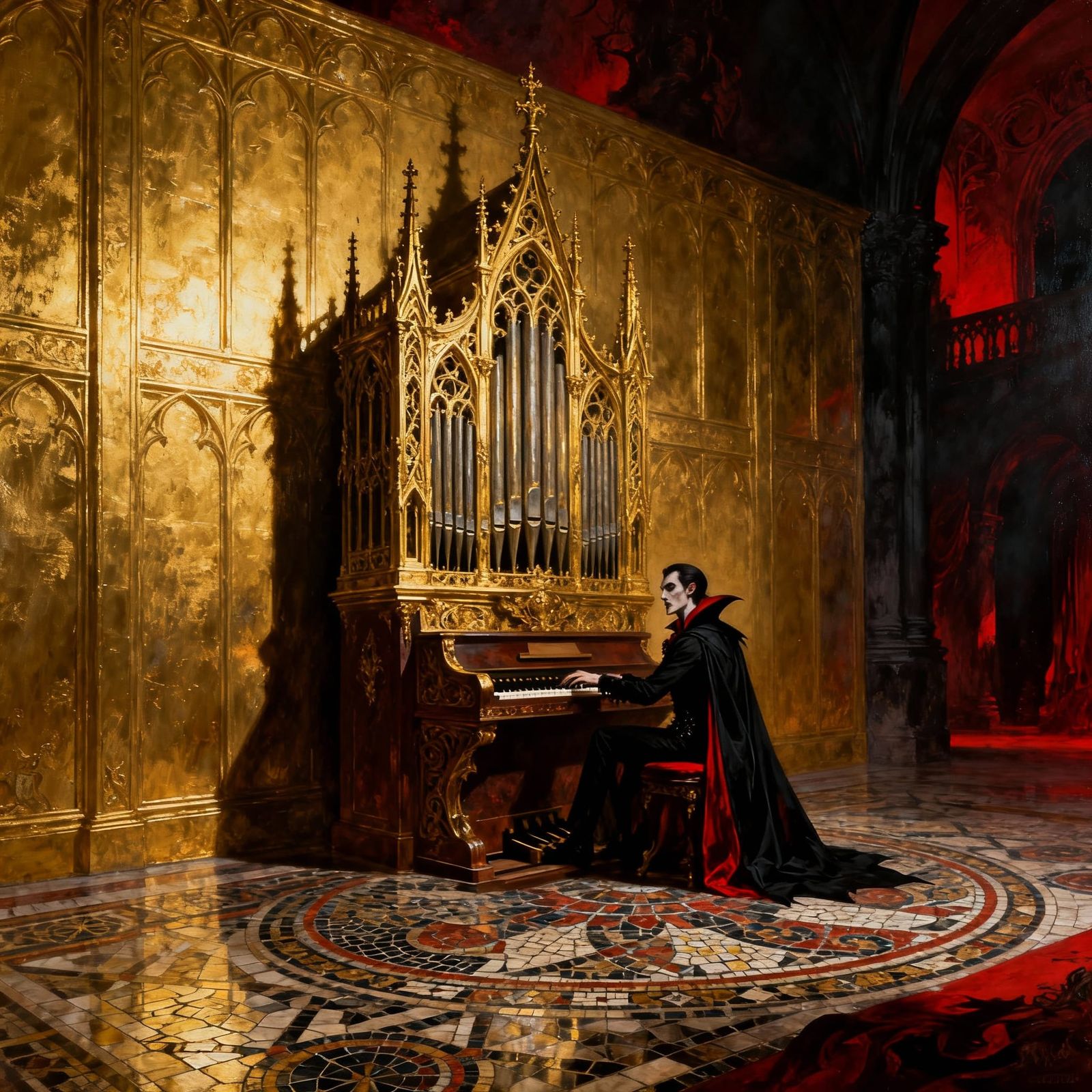 Gothic Vampire Plays Ornate Gold Organ in Shadowy Hall