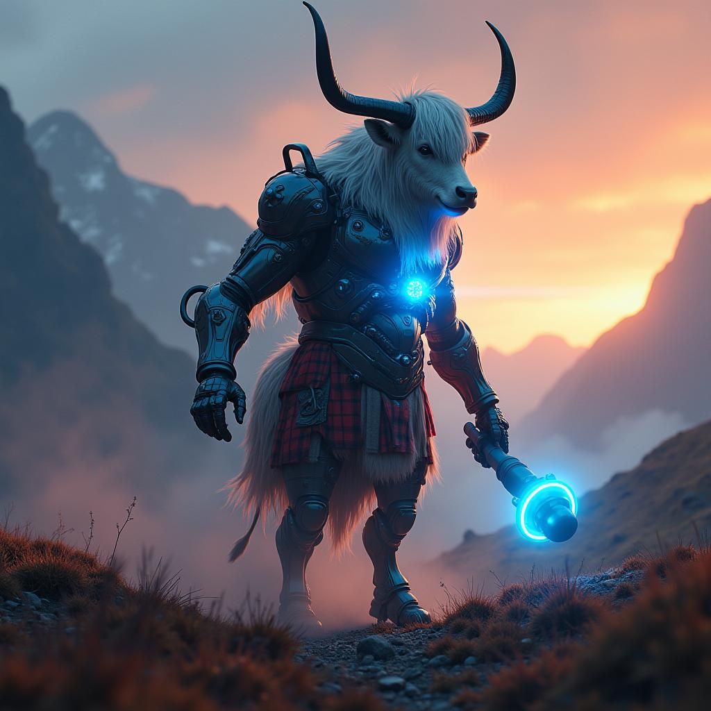 Cyberpunk Scottish Highland Cow in Metallic Exosuit