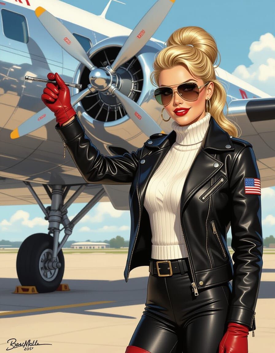 Beautiful Pilot Polishing Airplane in Comic Book Style