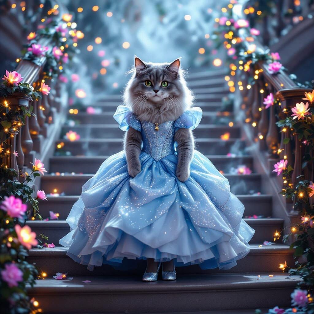Fluffy Cat as Cinderella on Enchanted Ballroom Staircase