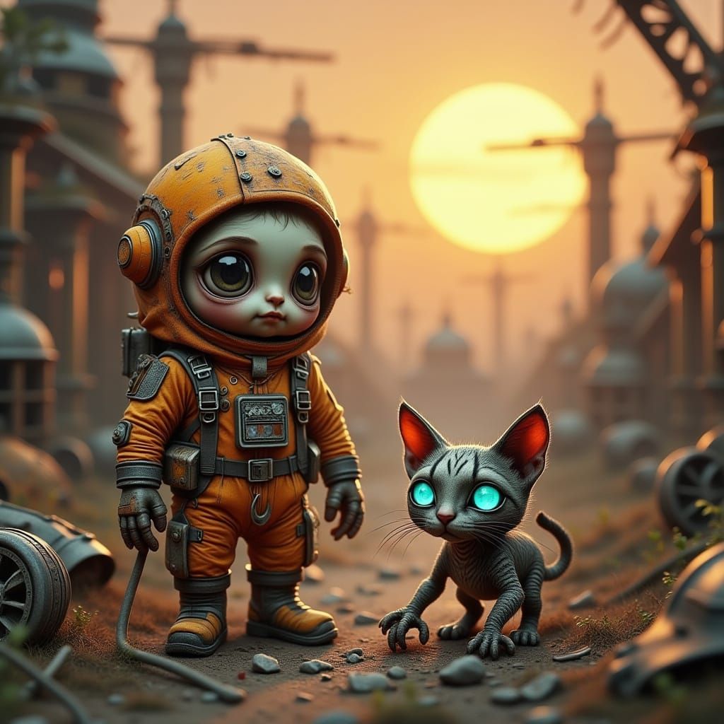Whimsical Chibi Alien in Abandoned Spaceport