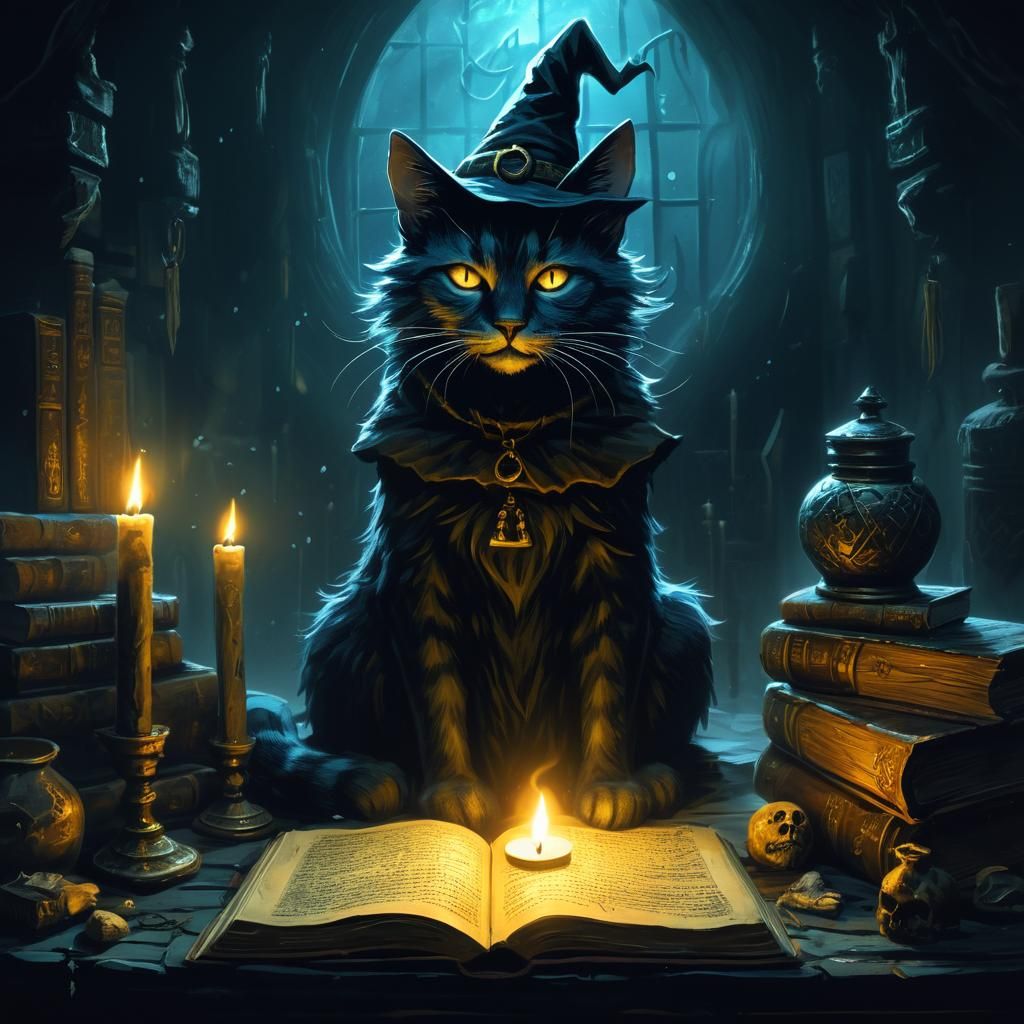 Mystical Cat Witch in Dark Fantasy Illustration