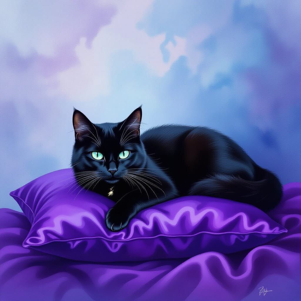 Majestic Black Cat on Purple Pillow in Watercolor Style