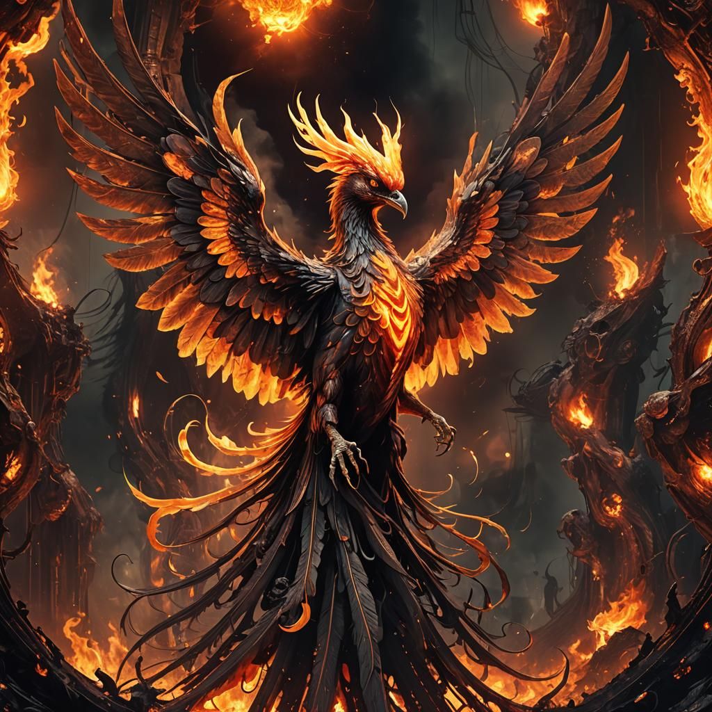 Flaming Phoenix in Irradiated Landscape: Surreal Digital Art