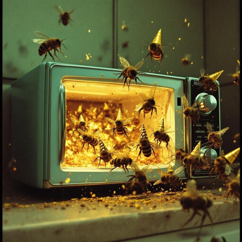 Bees Bursting From Retro Microwave, Cinematic Still