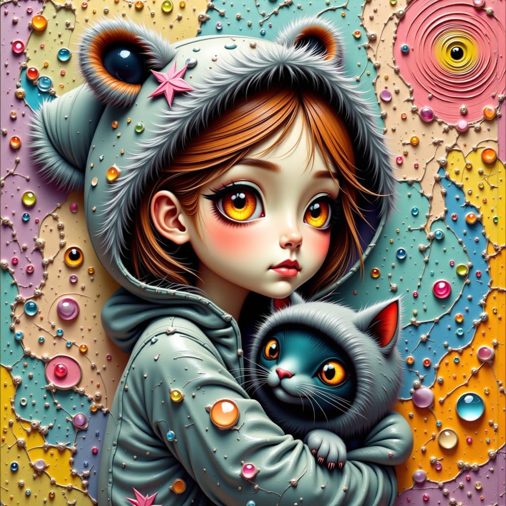 Woman with Cat in Surrealist Dreamscape