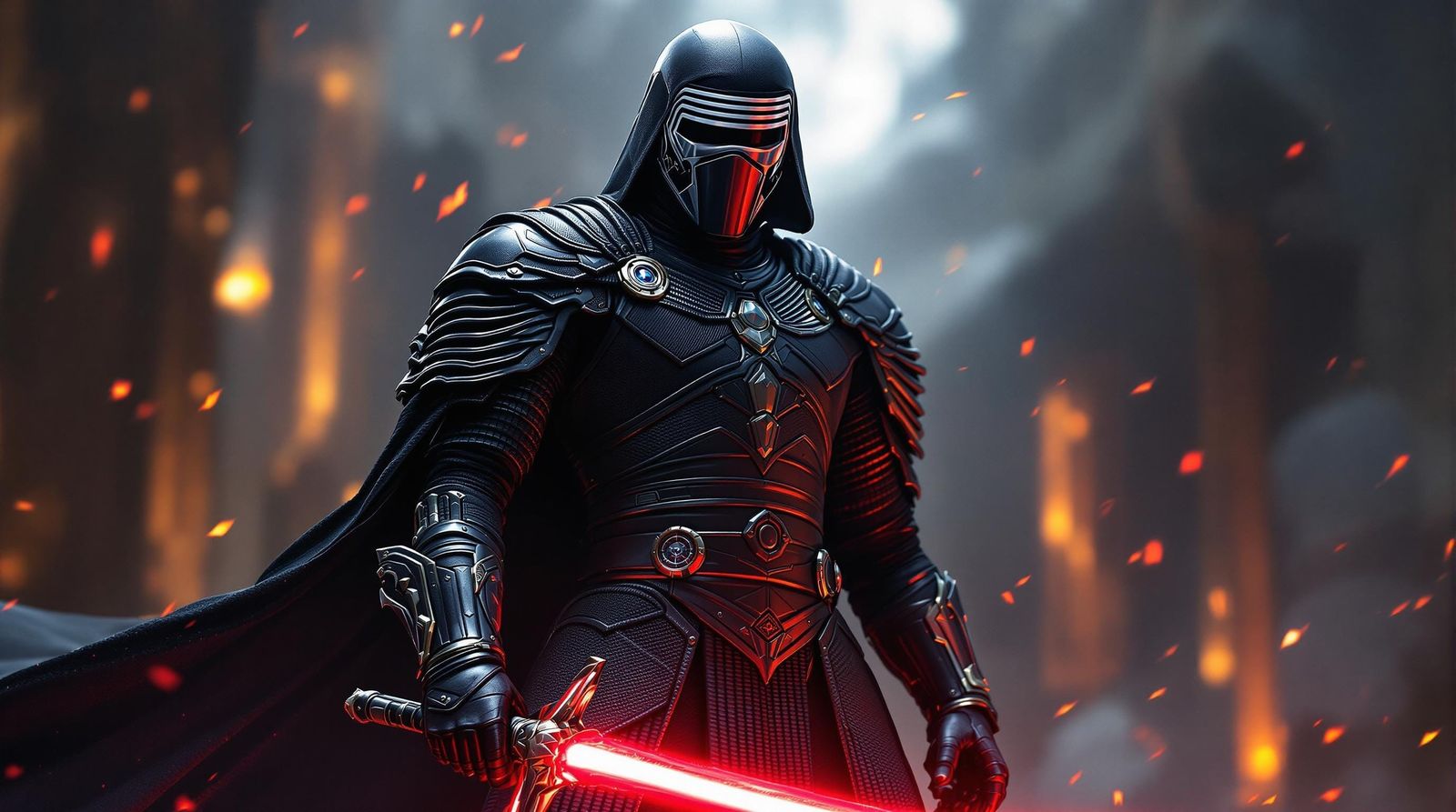 Kylo Ren in Elaborate Dark Steel Armor Holds His Lightsaber....