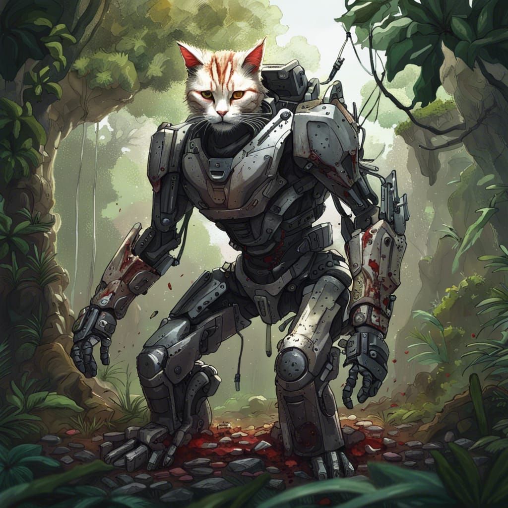 Robotic Mecha Cat Construct in Jungle Scene