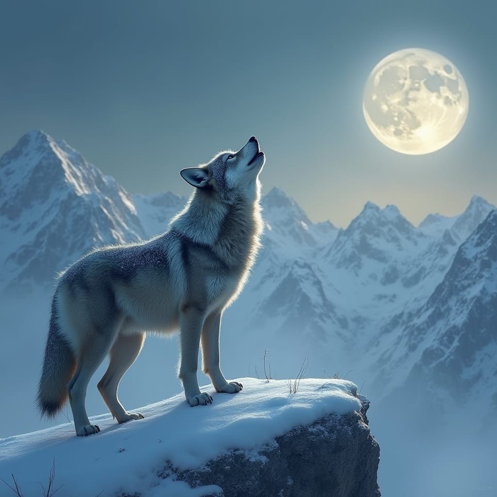 Hyperrealistic Lone Wolf Howling at Moon on Snowy Peak