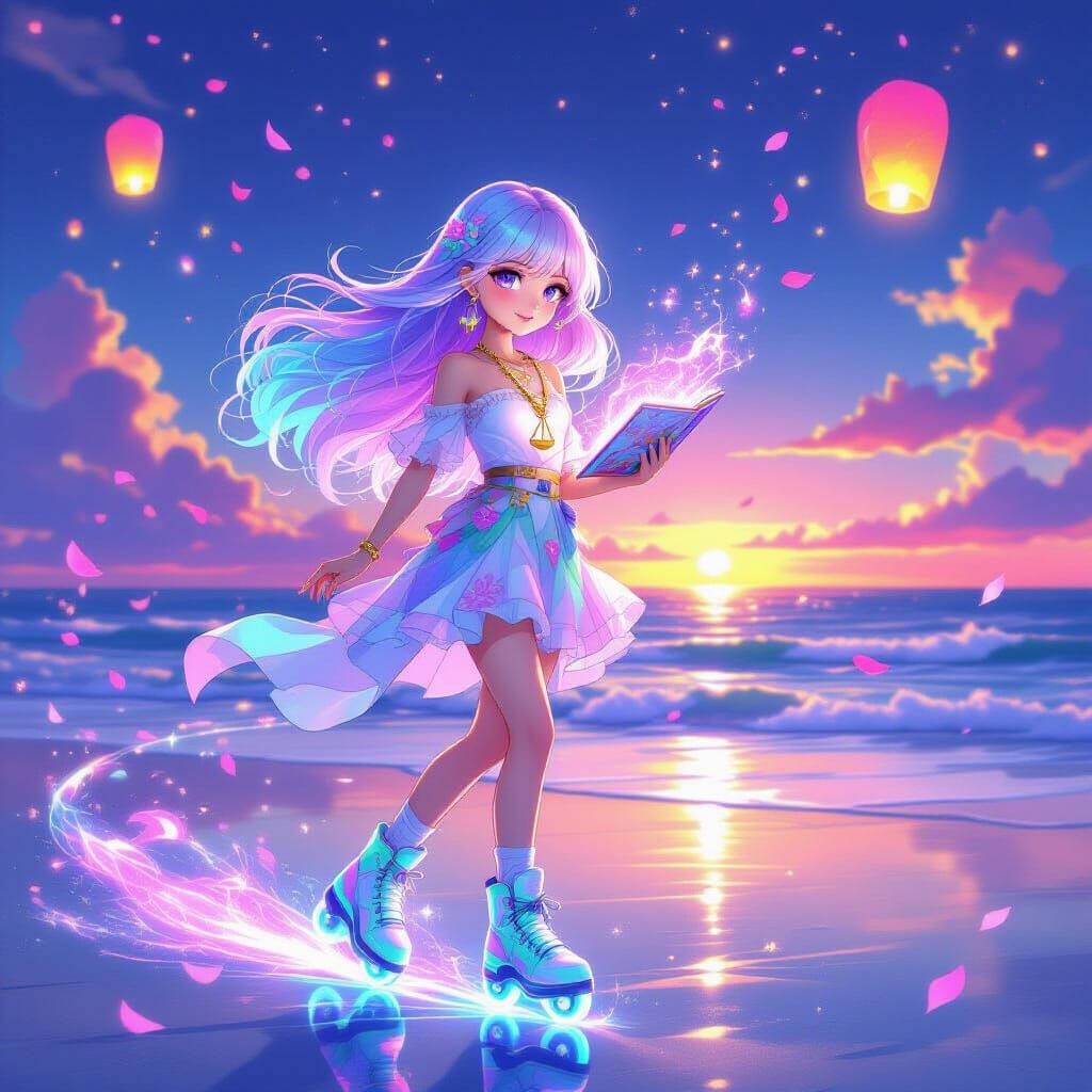 Pastel-Haired Girl Skating on Sparkling Beach at Sunset
