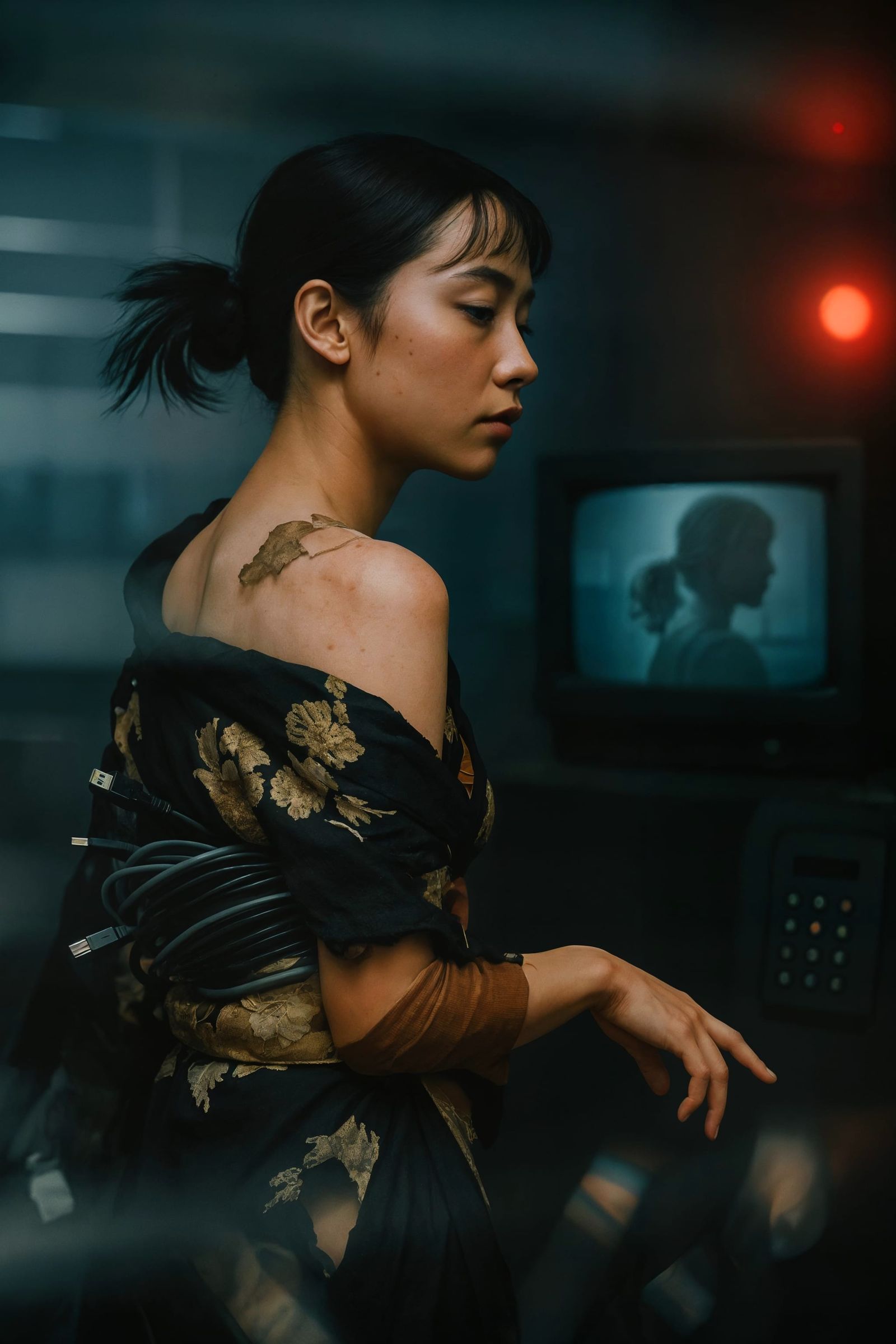 Japanese Model in Torn Kimono with USB Cables