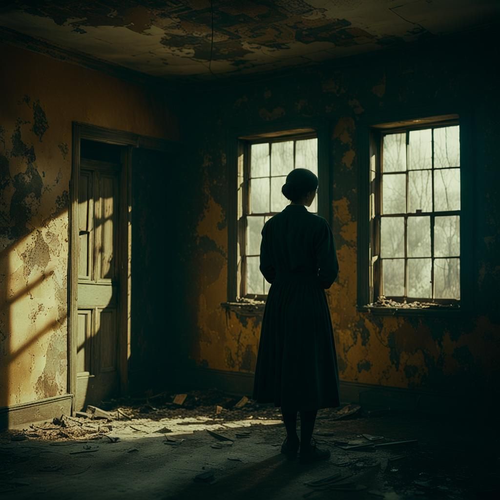 Moody Cinematic Still of a Person in Abandoned House