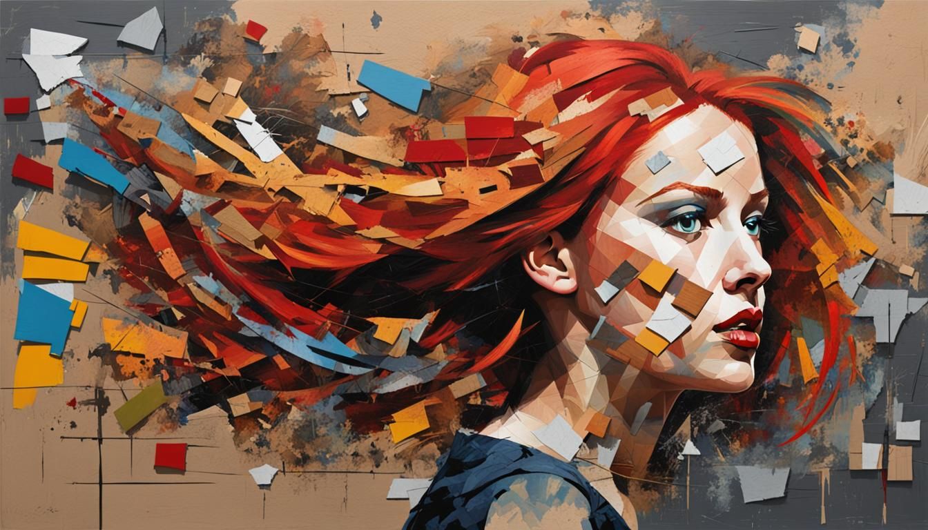Abstract Street Art Collage of Woman with Red Hair