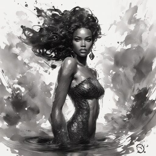 Stunning Black Mermaid Portrait in Splash Art Style