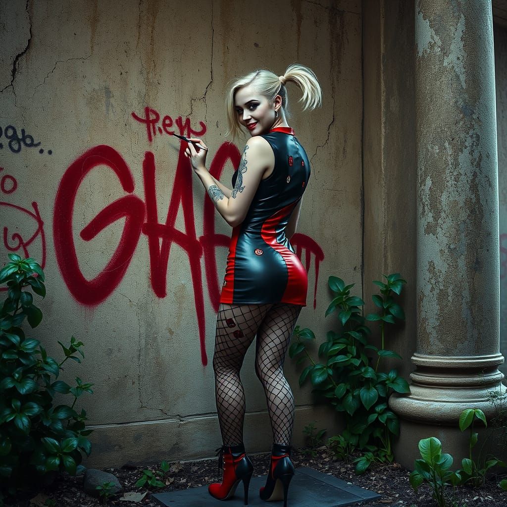 Hyperrealistic Harley Quinn Painting Graffiti on Temple Wall
