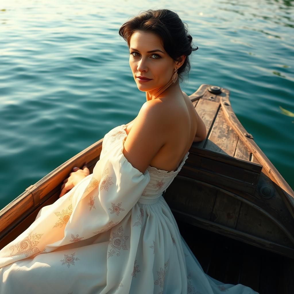 Woman in White Dress on Lake, Dreamlike Digital Art