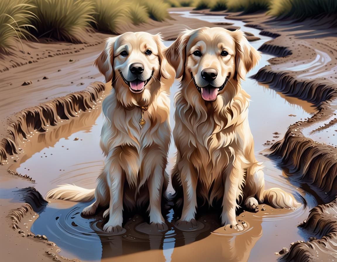 Golden Retriever Smiling in a Giant Mud Puddle, Storybook Il...