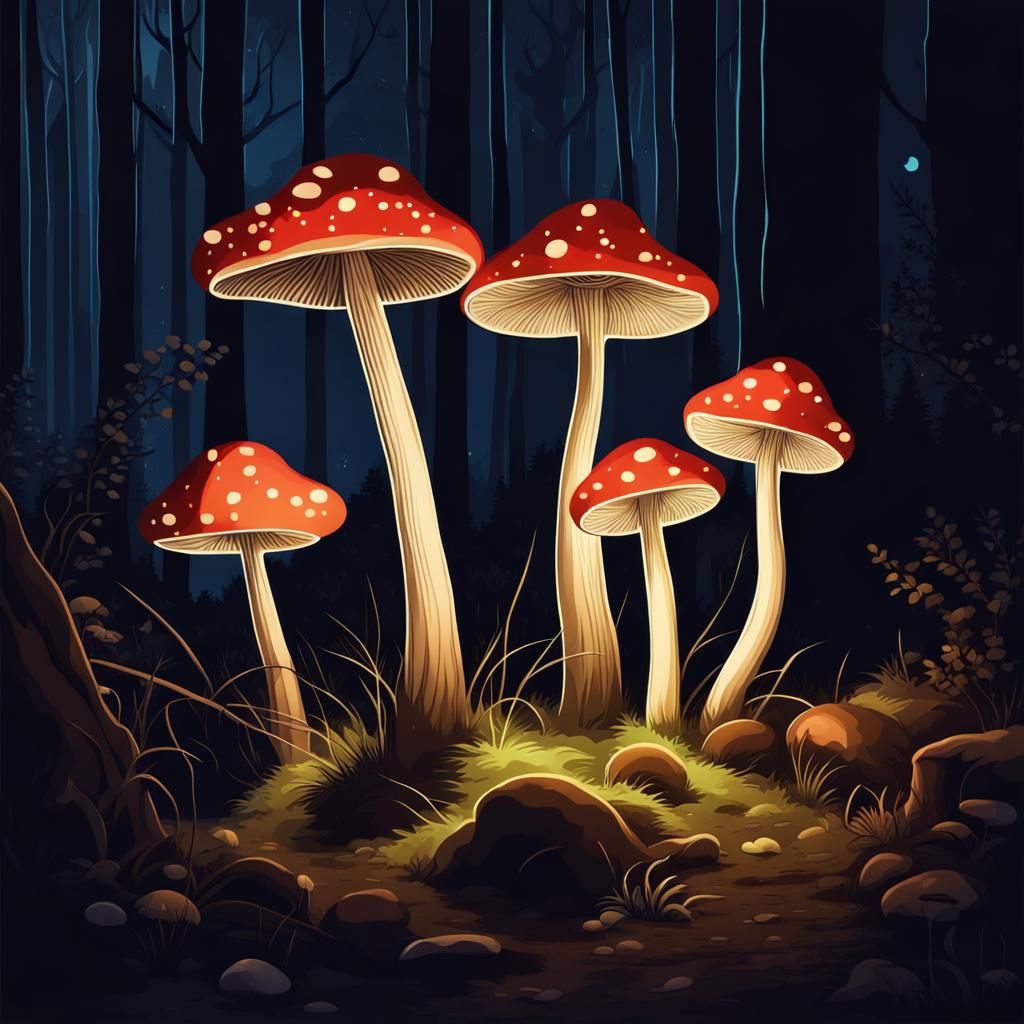Luminescent Mushrooms Glow in Dark Forest