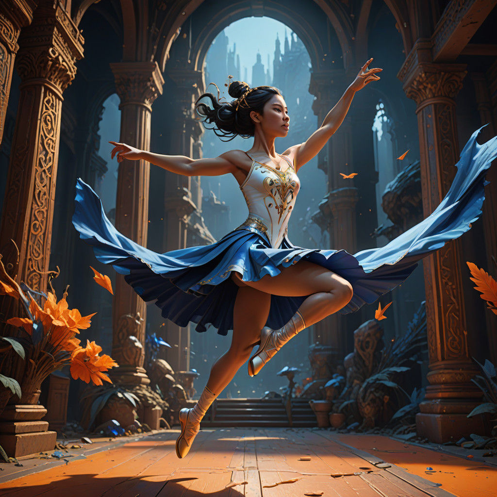 Young Ballet Dancer Leaps Across a Vibrant Stage in Cyberpun...
