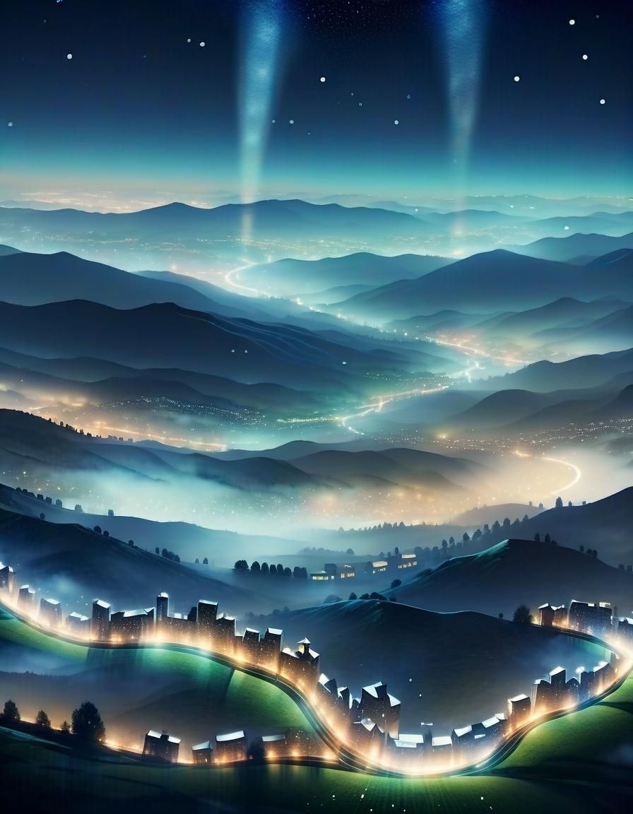 City in Valley Under Misty Starry Night