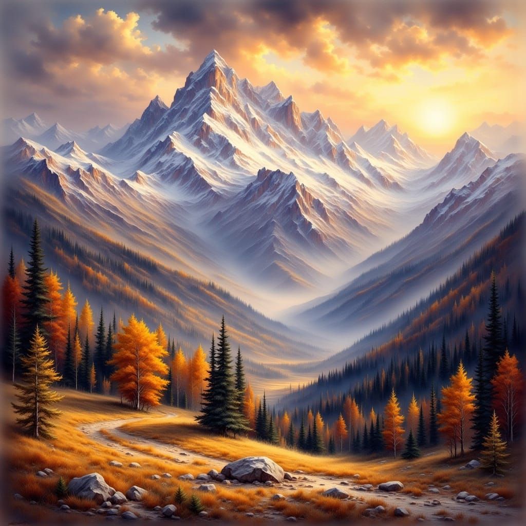 Snowy Mountains at Sunset in Atmospheric Landscape Style