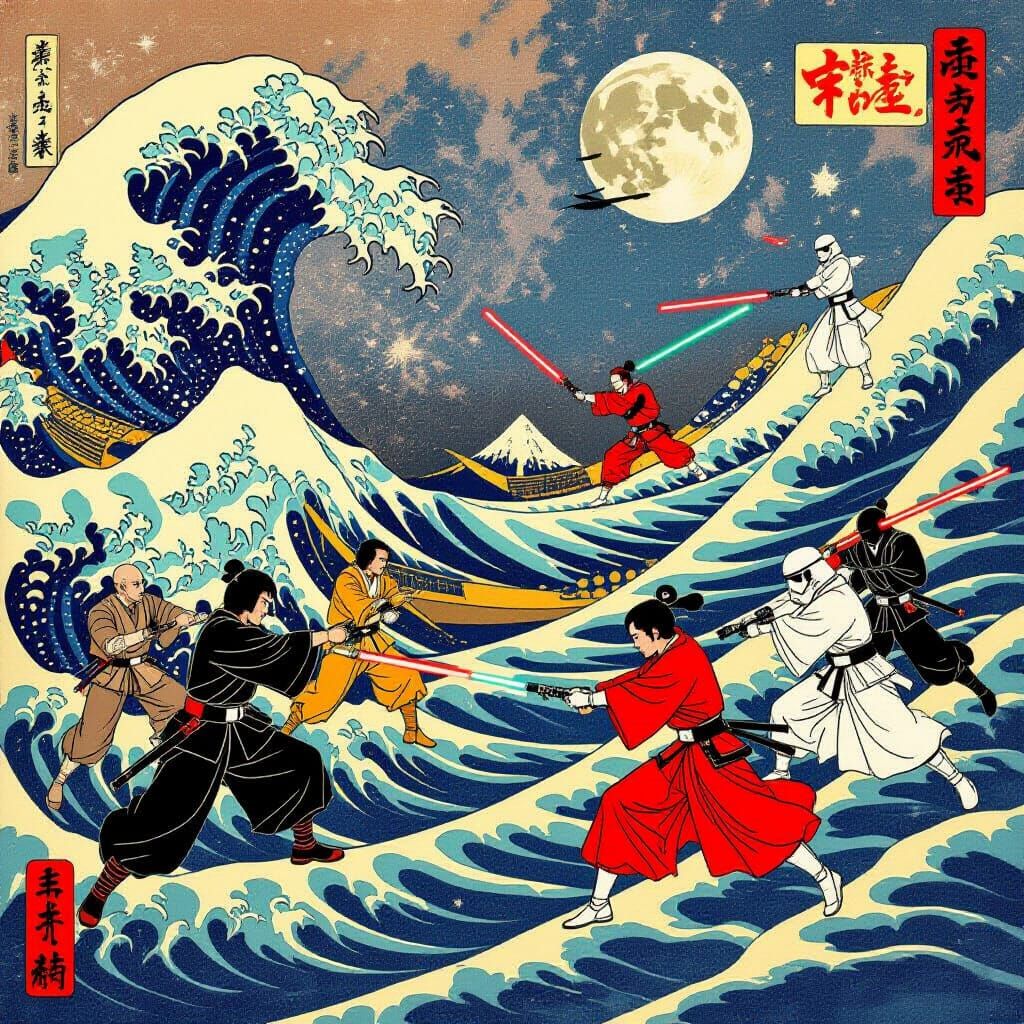 Ukiyo-e Star Wars Characters in Cosmic Battle