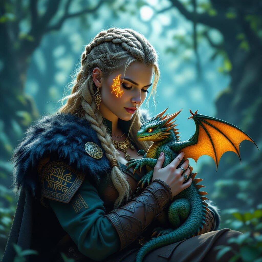 Viking Warrior with Baby Dragon in Mystical Forest